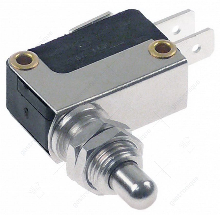 microschakelaar met drukstift pen bediend 250V 16A 1CO draad M10x0,75 aansluiting vlaksteker 6,3mm - Image 1